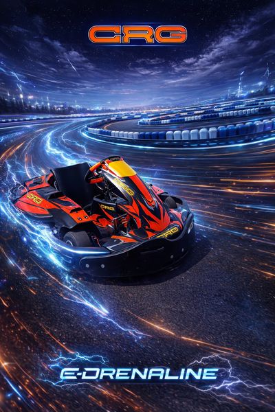 Afiș CRG E-Drenaline: kartul electric pe un circuit luminat de fulgere albastre